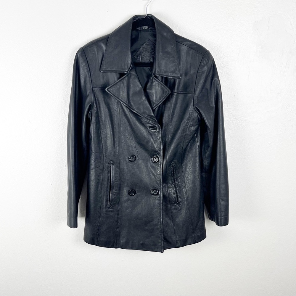 JACQUELINE FERRAR Black Genuine Leather Double Breasted Lined Coat, Size Medium